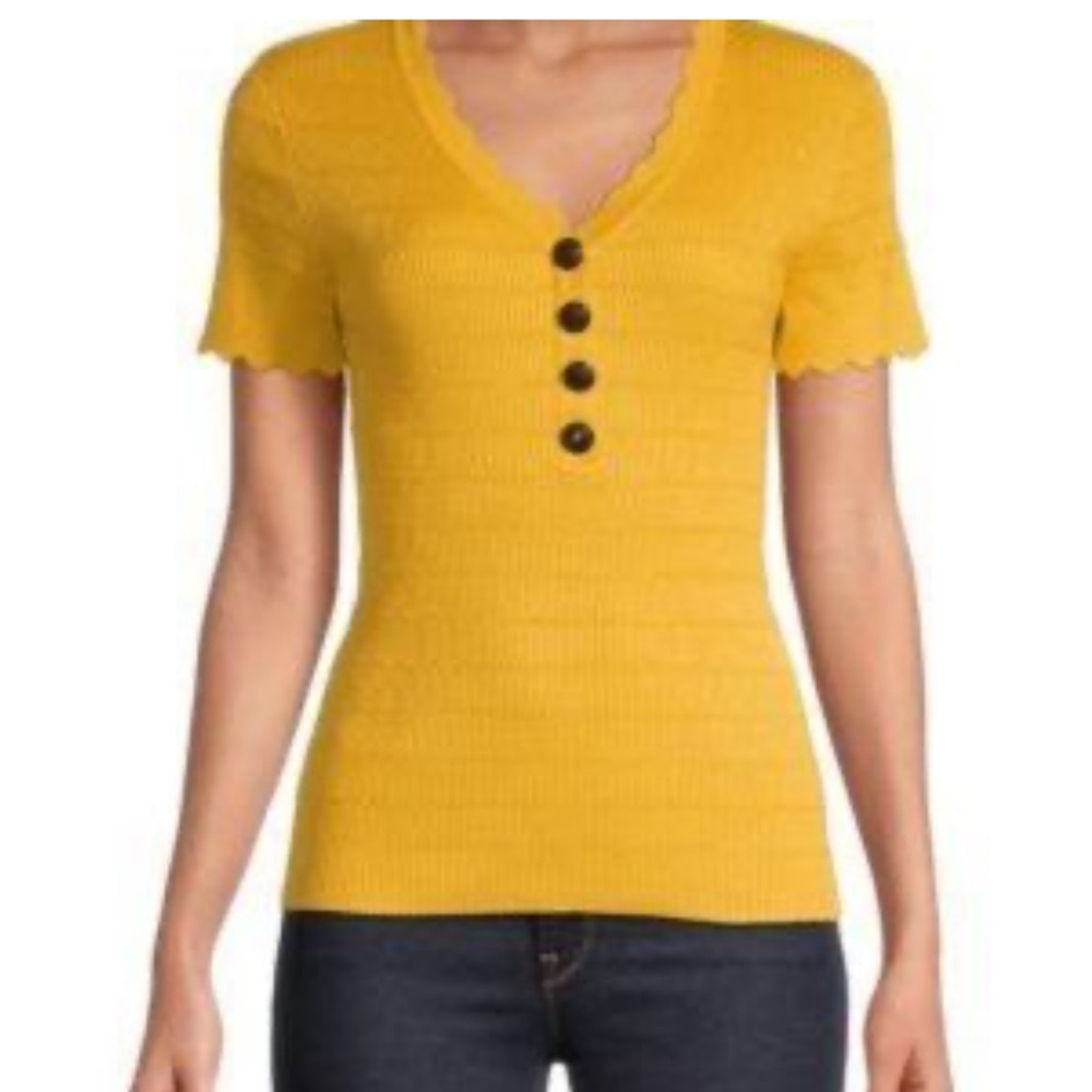 Karl Lagerfeld Paris Marigold Short Sleeve Scalloped Trim Sweater Size XL - Picture 2 of 12